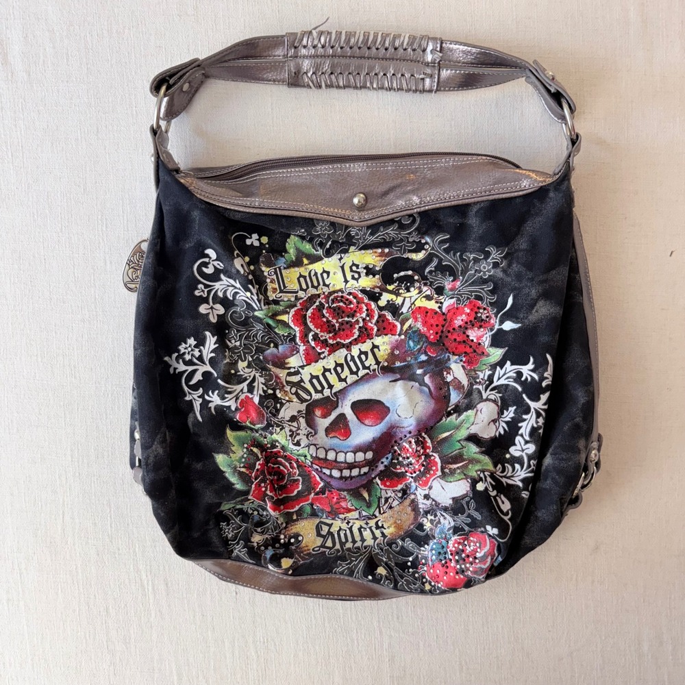 Ed Hardy Style Love is Forever Tattoo Graphic Rhinestone Hobo Bag